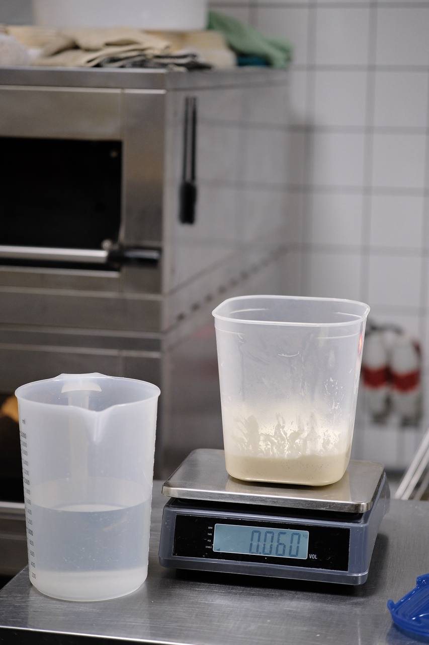 starter and water on a kitchen scale